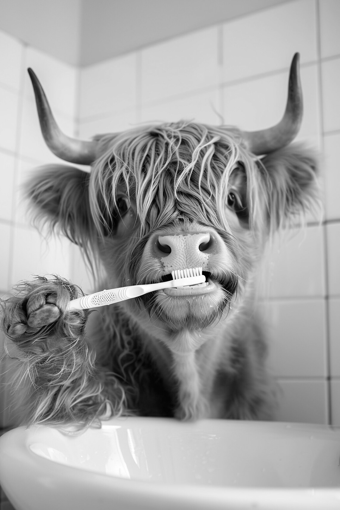 Highland Cow Brushing Teeth Bathroom Humor Art Print