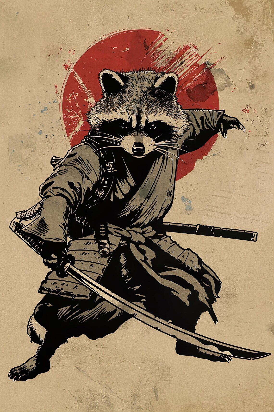 Ninja Raccoon Holding a Katana, Funny Animal Poster