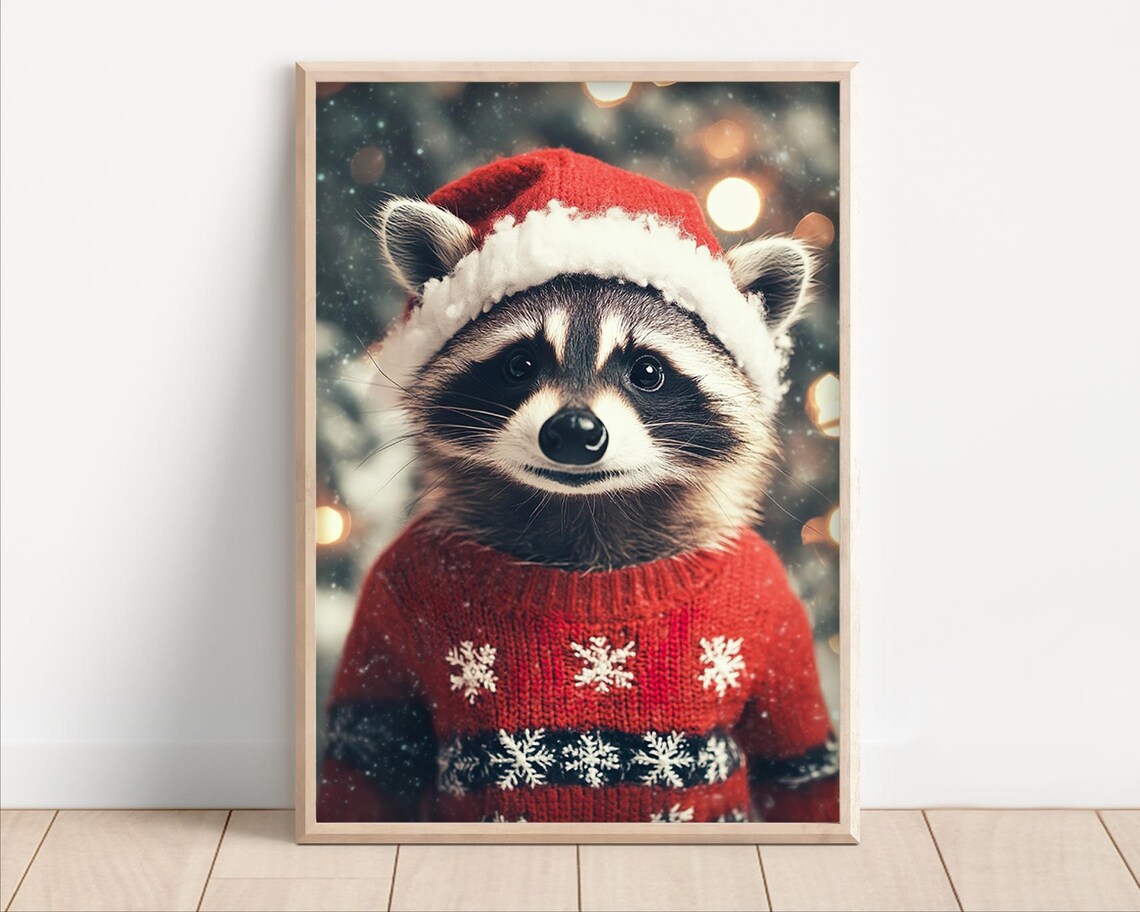Cute Christmas Raccoon Retro Winter Animal Art Print