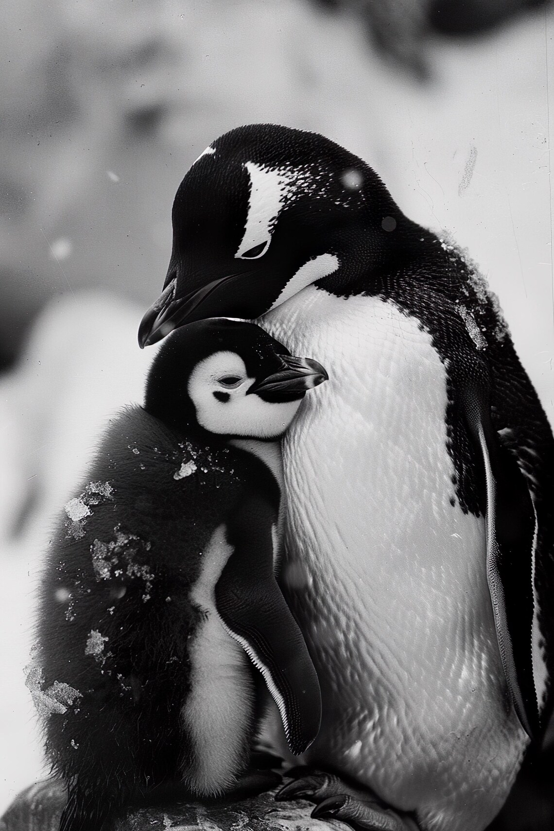 Penguin Parent and Chick Huddling in Snowy Photo Art Poster for Nursery Decor
