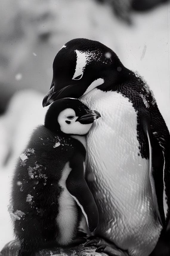 Mom Baby Penguin Cute Animal Wall Art Nursery Room Bedroom Prints Cute Vintage Style Animal Photo Mommy And Me Ai Art