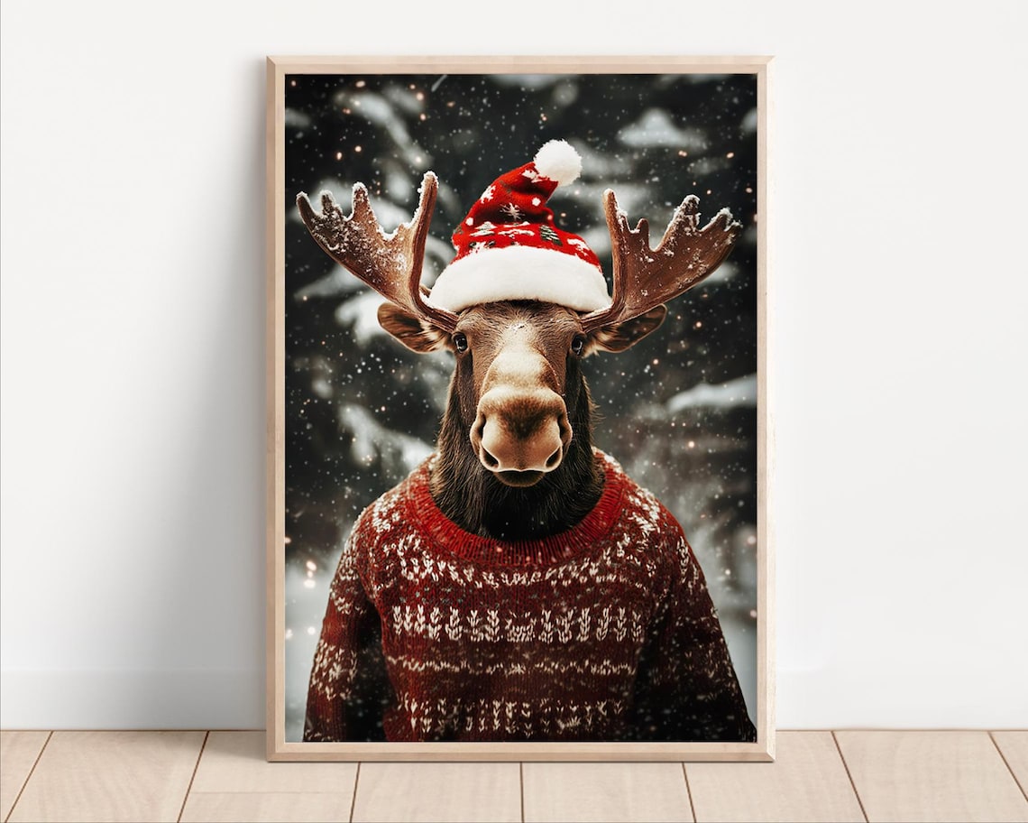 Moose in Santa Hat and Red Sweater Snowy Christmas Winter Wildlife Poster