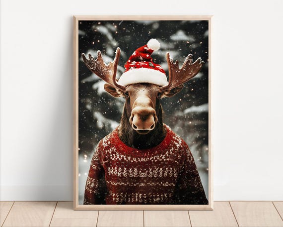 Cute Christmas Moose Funny Christmas Wall Art Retro Winter Animals Christmas Home Decor Funny Moose Photo Print Ai Art