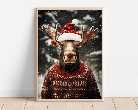 Moose in Santa Hat and Red Sweater Snowy Christmas Winter Wildlife Poster