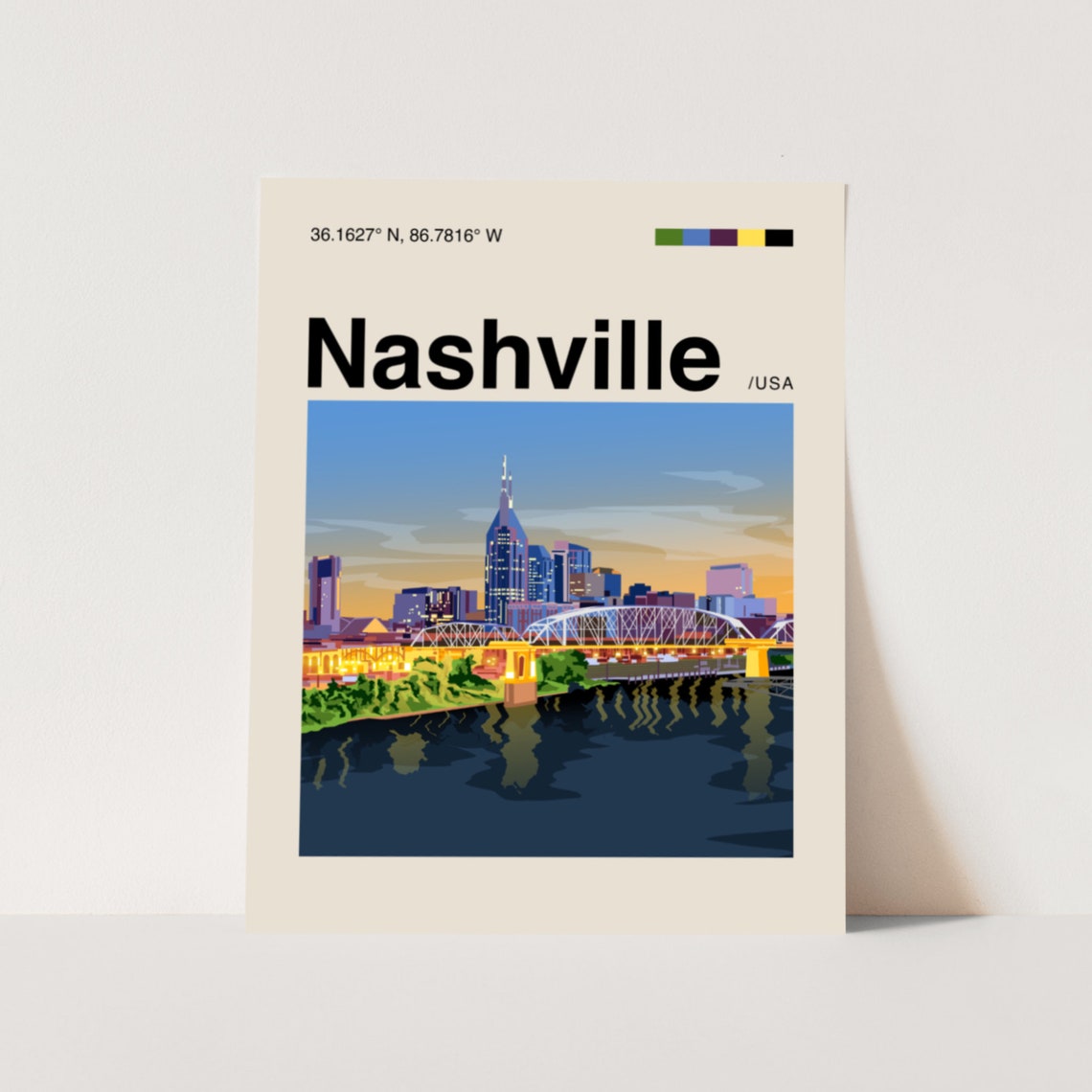Nashville Skyline Sunset Illustrated Minimalist Travel Art Poster