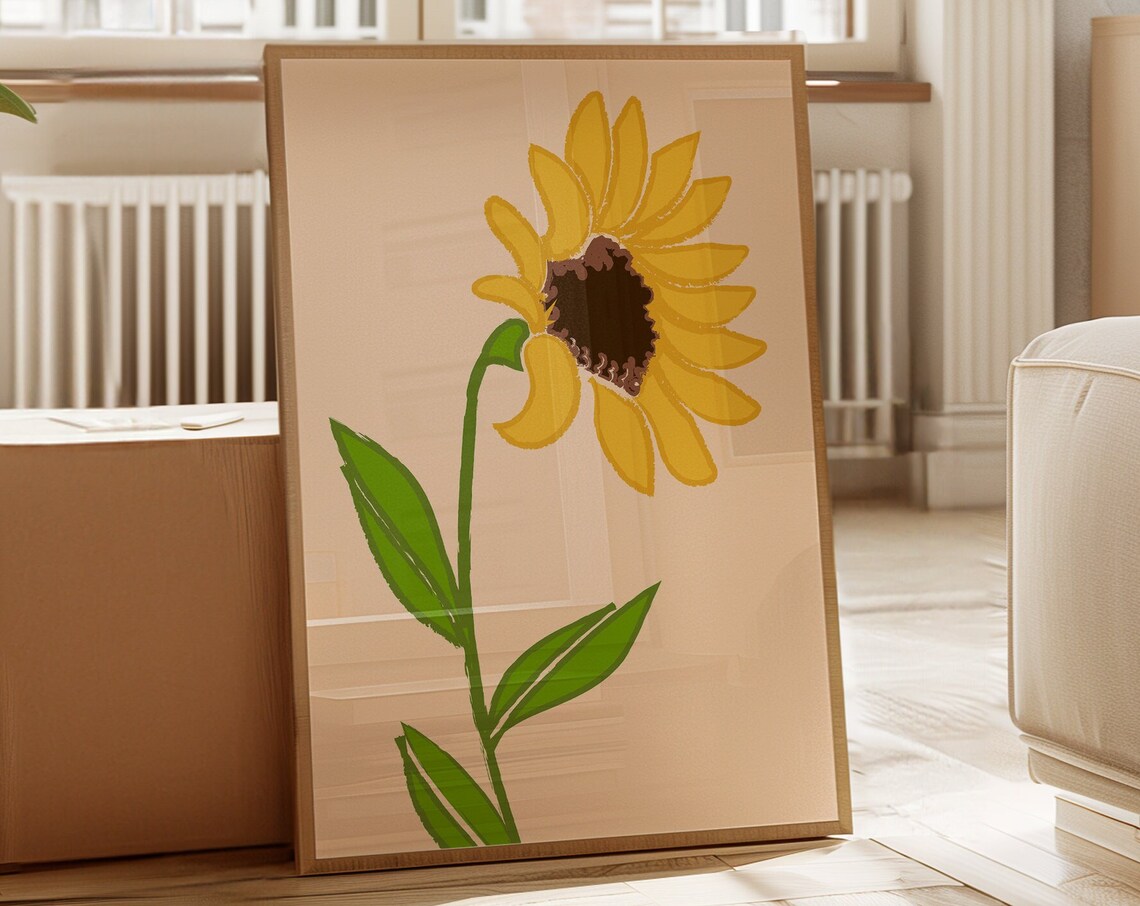 Hand Painted Sunflower Tall Stem Cream Farmhouse Botanical Art Poster