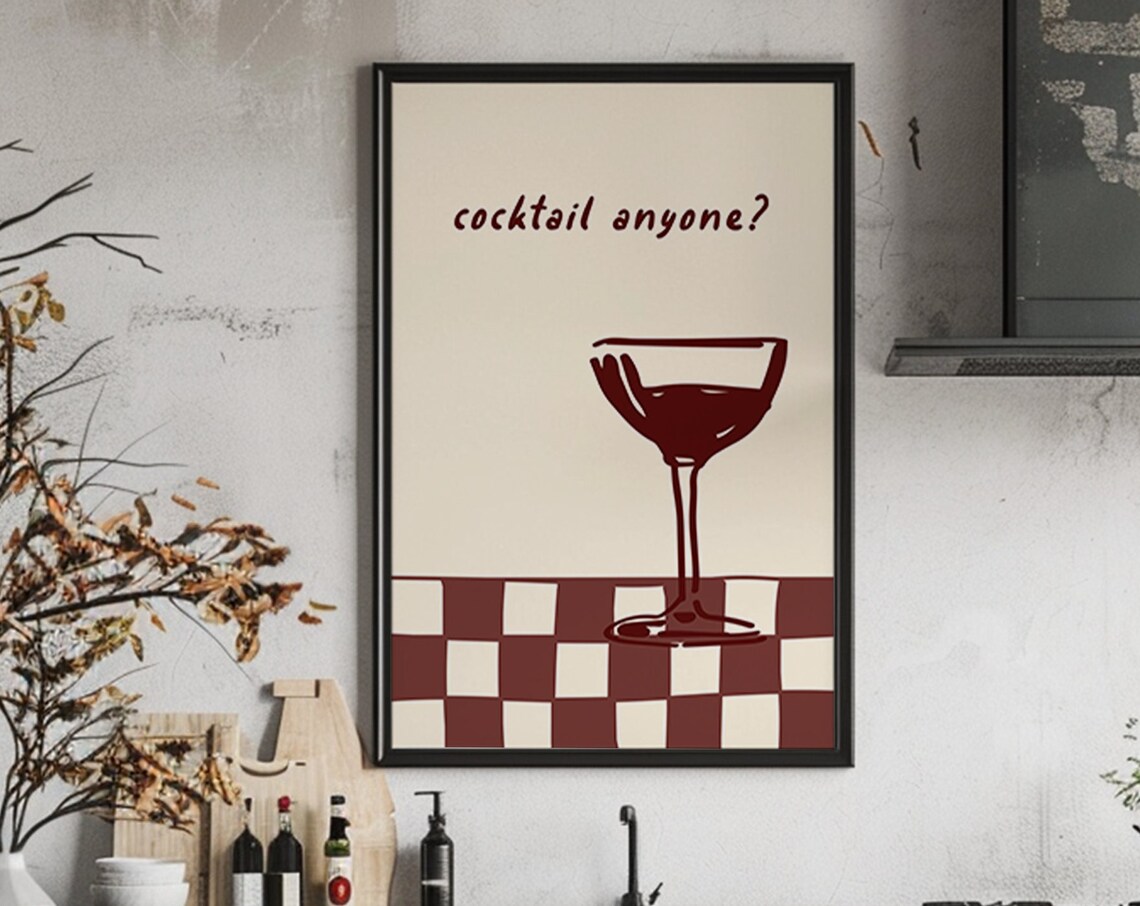 Cocktail Anyone Burgundy Coupe Glass Checkerboard Retro Bar Poster