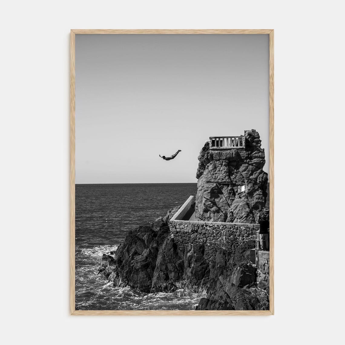 Cliff Diver Leaping Over Ocean Black and White Photography Poster