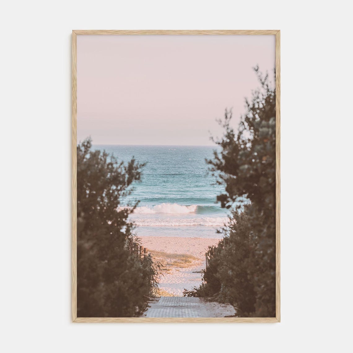 Pastel Beach View Through Trees Over Pink Sky Boardwalk Poster