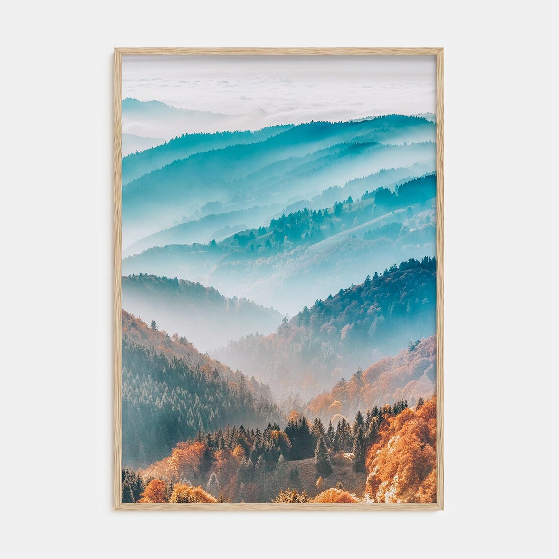 Layered Blue Mountain Ridges in Mist With Autumn Colors Poster