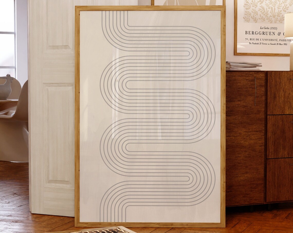 Gray Geometric Rainbow Waves Minimalist Art Poster with Clean Lines