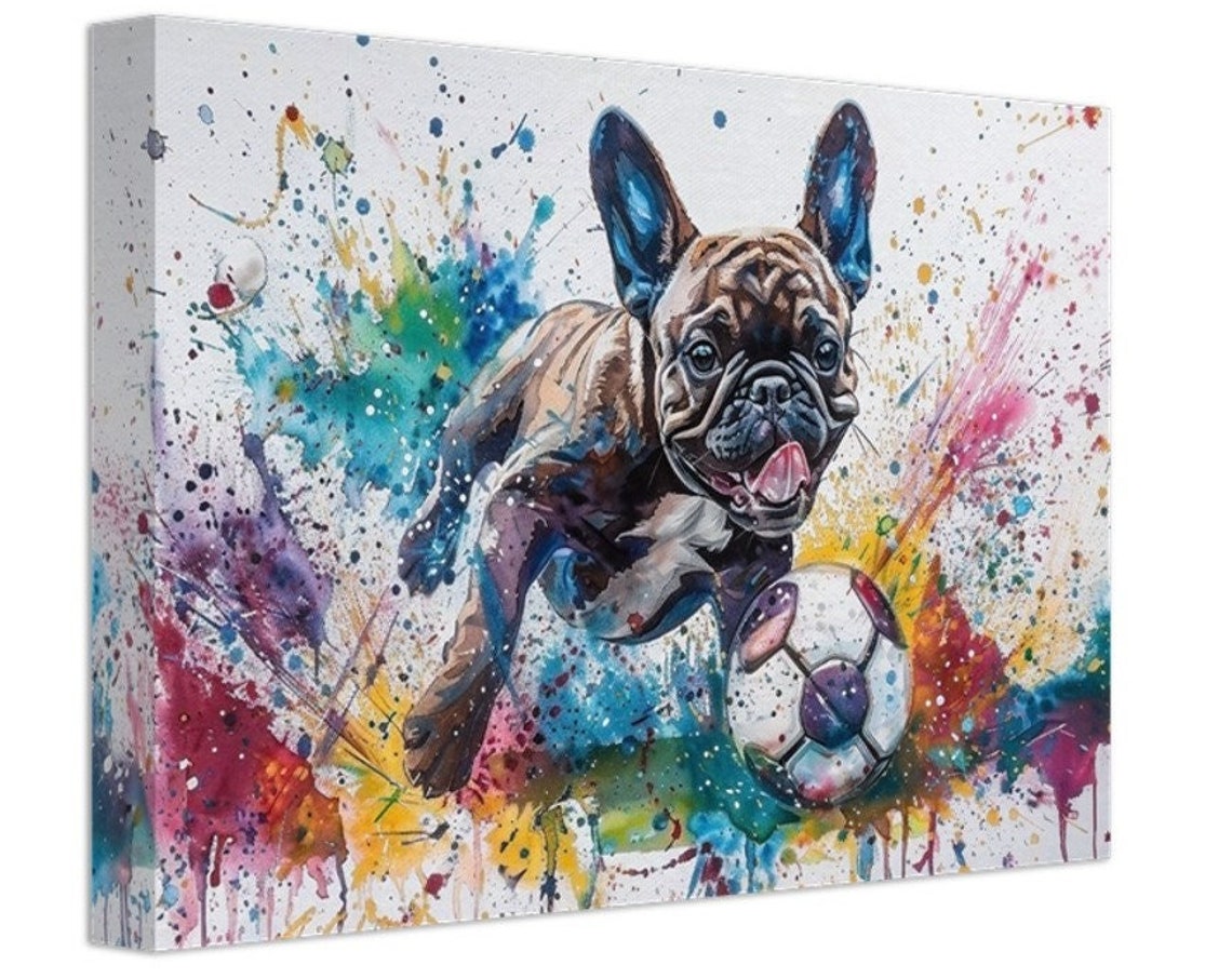 Paint Splash French Bulldog Playing Football Soccer On Canvas Frenchie Mom Dad Sports Lover Room Decor Gift Watercolour Wall Art Print