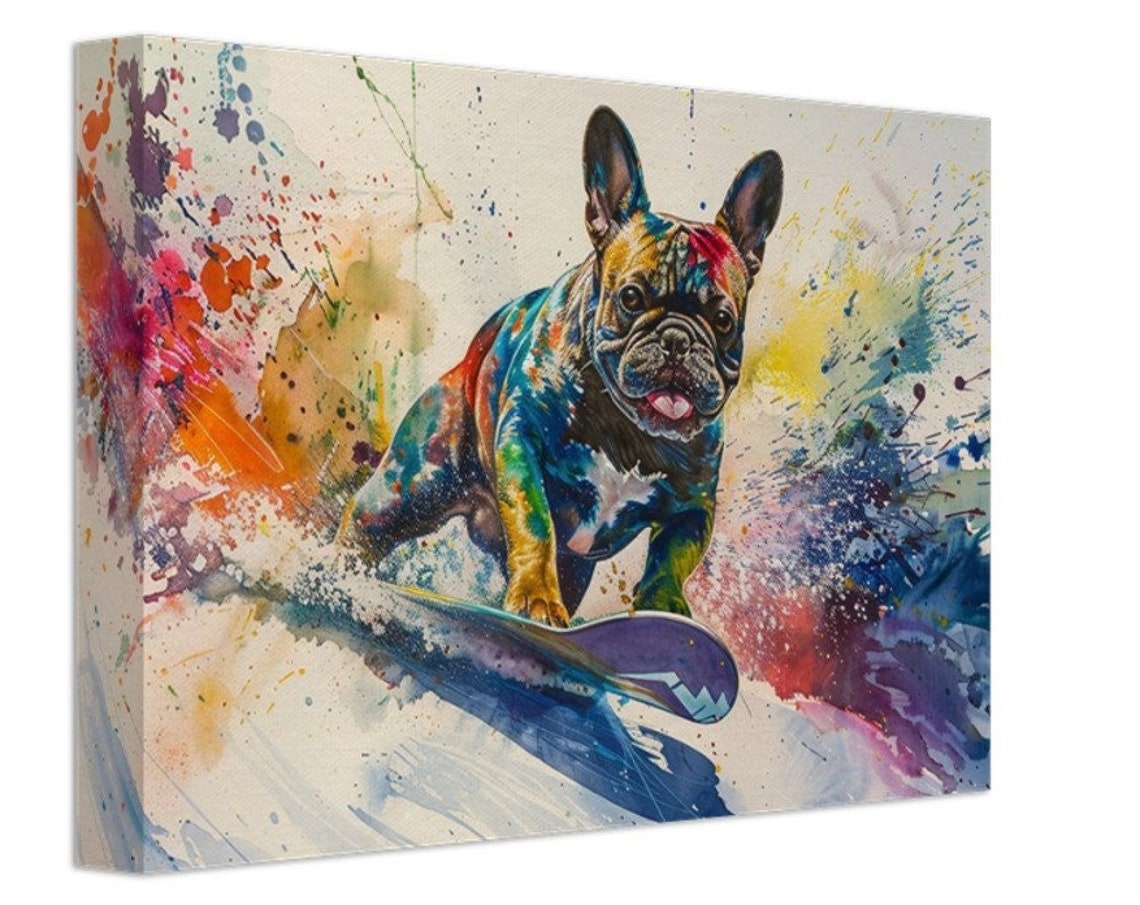 French Bulldog Snowboarder Colorful Paint Splash Winter Art Poster