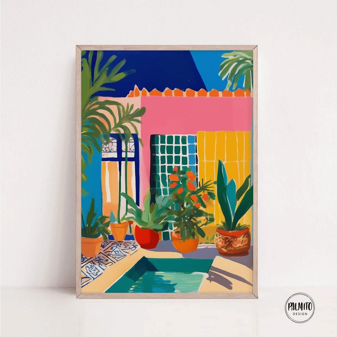 Mediterranean Courtyard Poolside Pink Facade Sunny Art Poster