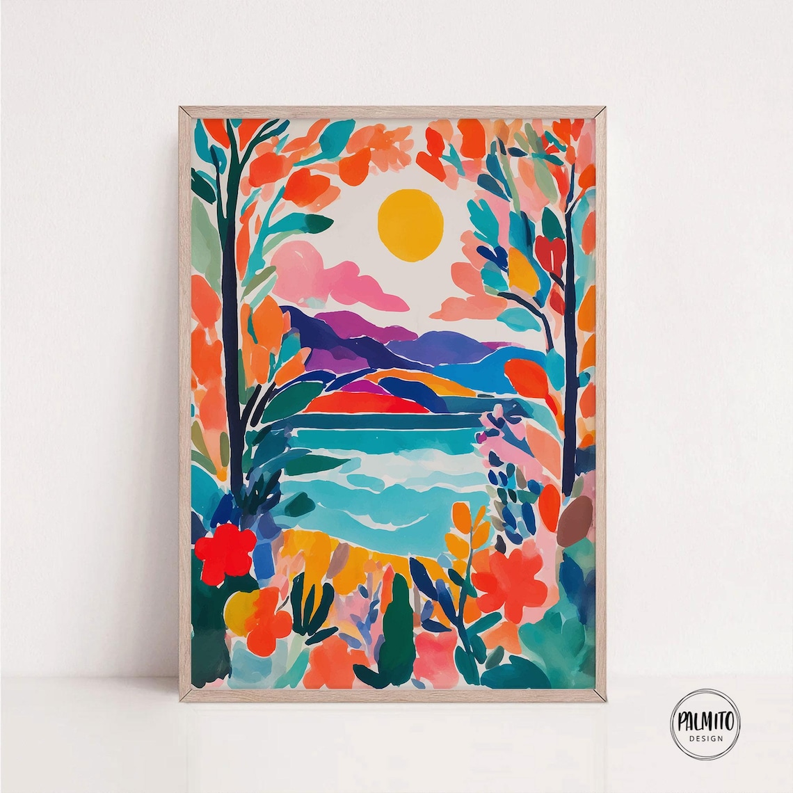 Fauvist Lake Sunset Colorful Hills Watercolor Landscape Poster