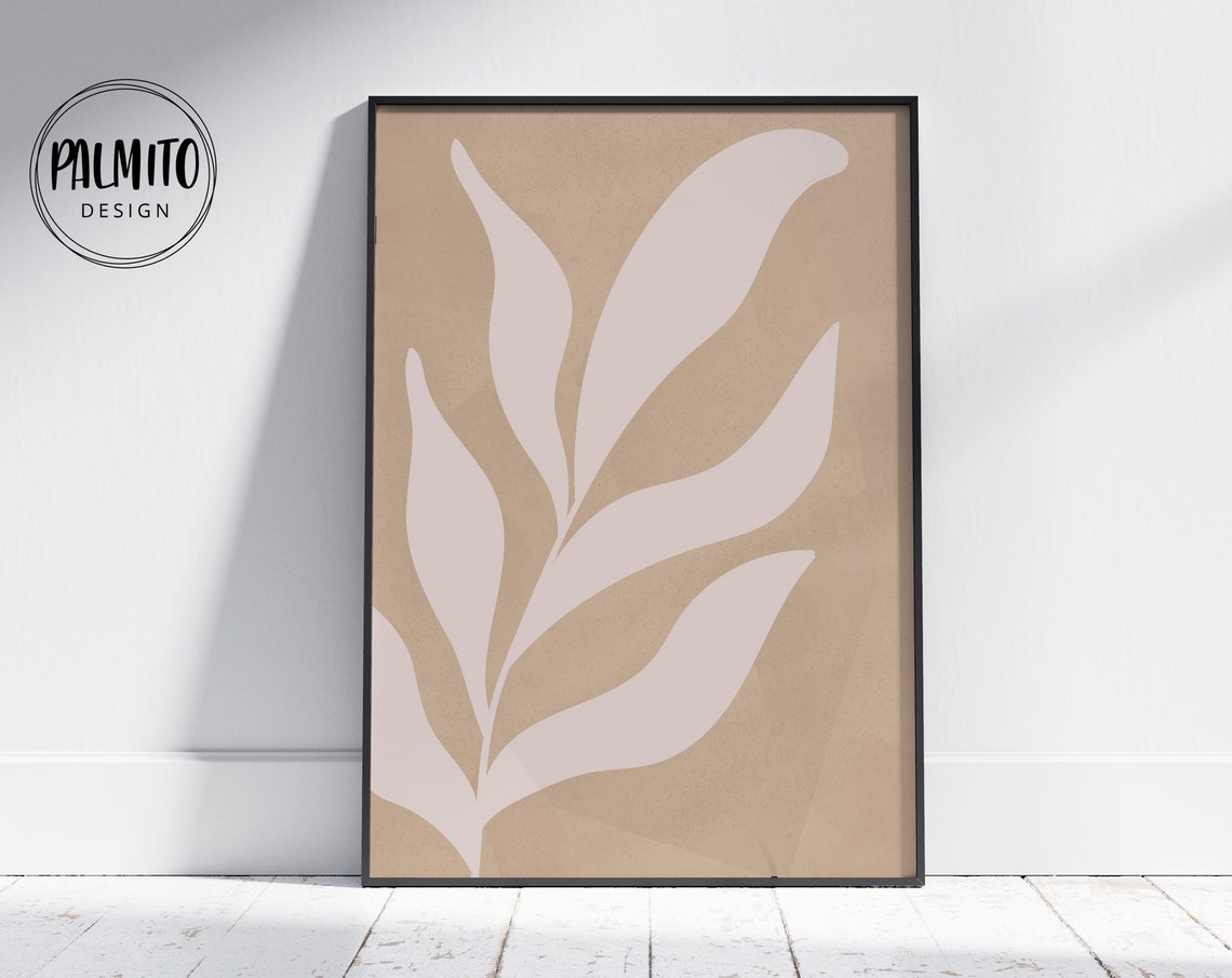 Elegant Blush Pink Leaf Branch Tan Botanical Matisse Cutout Wall Art