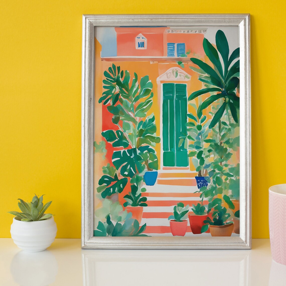 Terracotta Villa Doorway Green Shutters Potted Plants Art Poster - Image 3