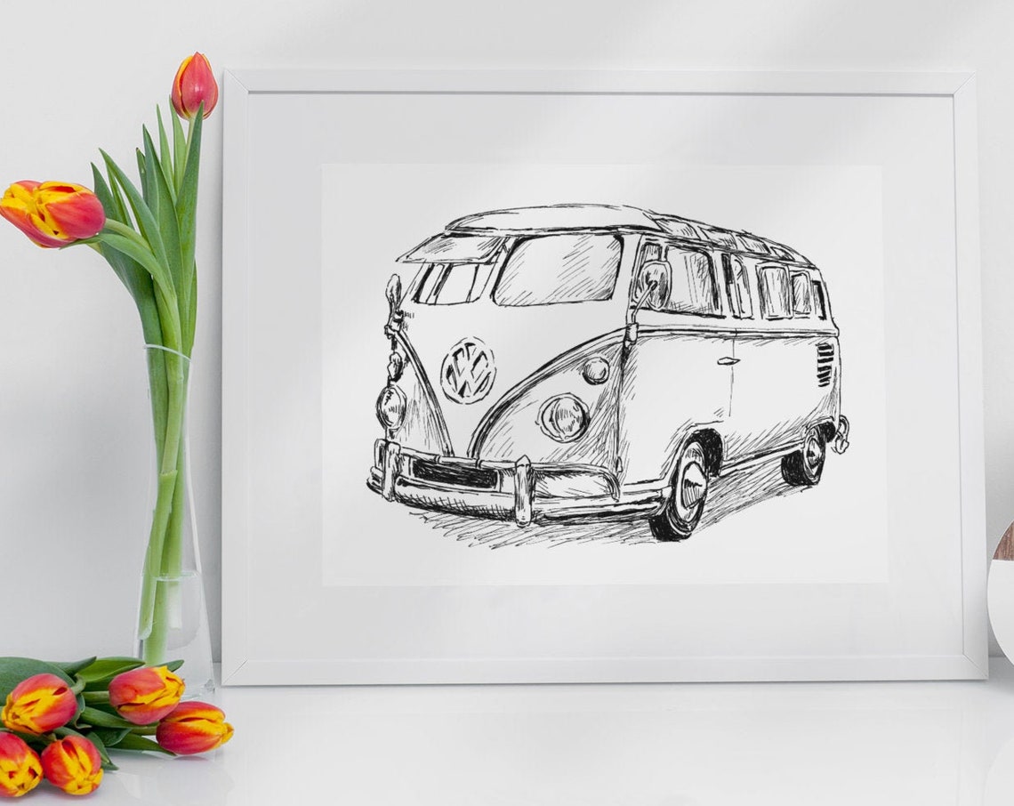 Volkswagen Van Ink Sketch Vintage VW Bus Retro Road Trip Art Poster