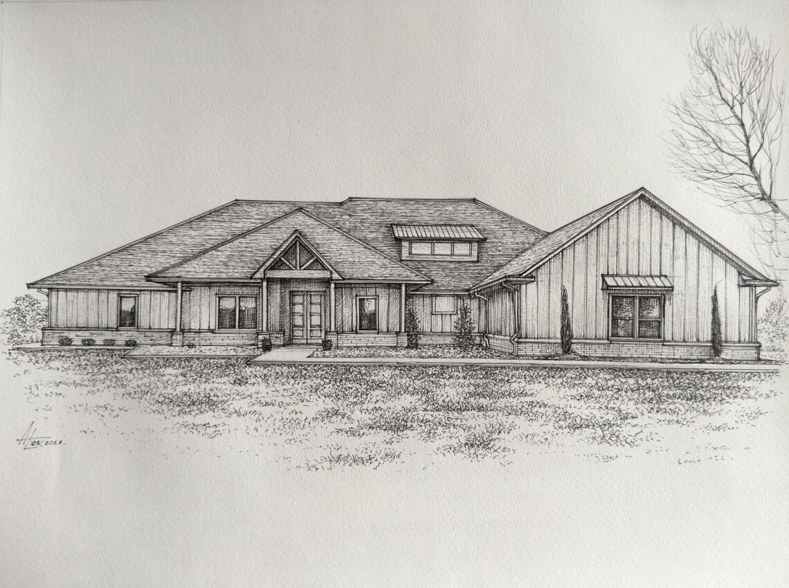 Hand Drawn Ranch Style House Portrait Ink Sketch Custom Home Wall Art - Image 3