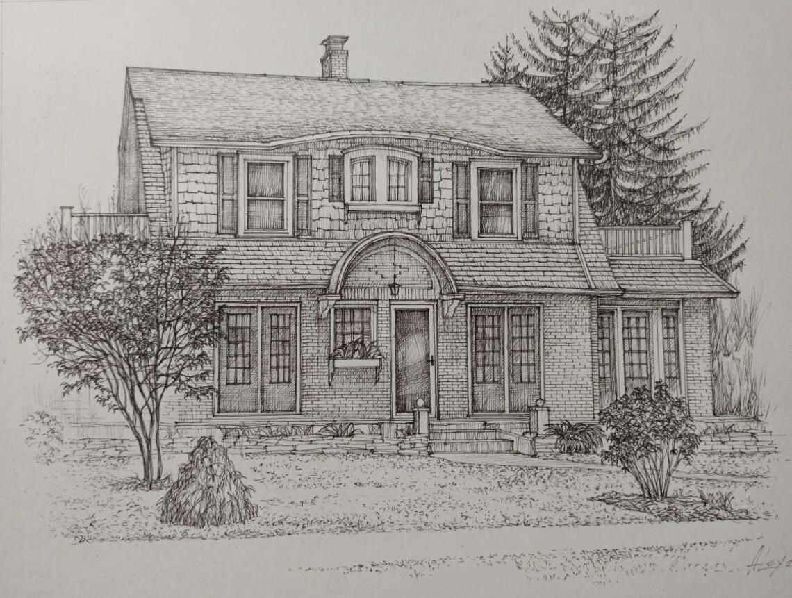 Hand Drawn Cottage Among Tall Trees Black And White Pencil Sketch Poster - Image 3