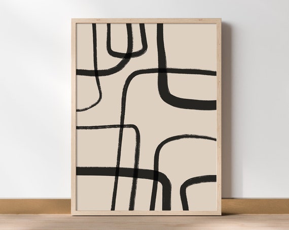 Beige Black Line Art Geometric Abstract Art Print
