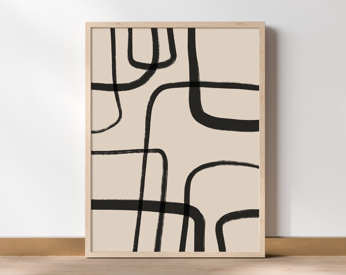 Beige Black Line Art Geometric Abstract Art Print