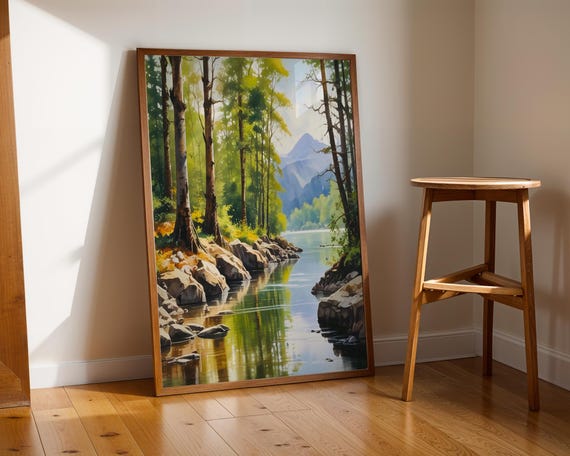 Tranquil Forest Lake Landscape Print Nature Wall Art Mountain River Scenery Artwork Instant Poster