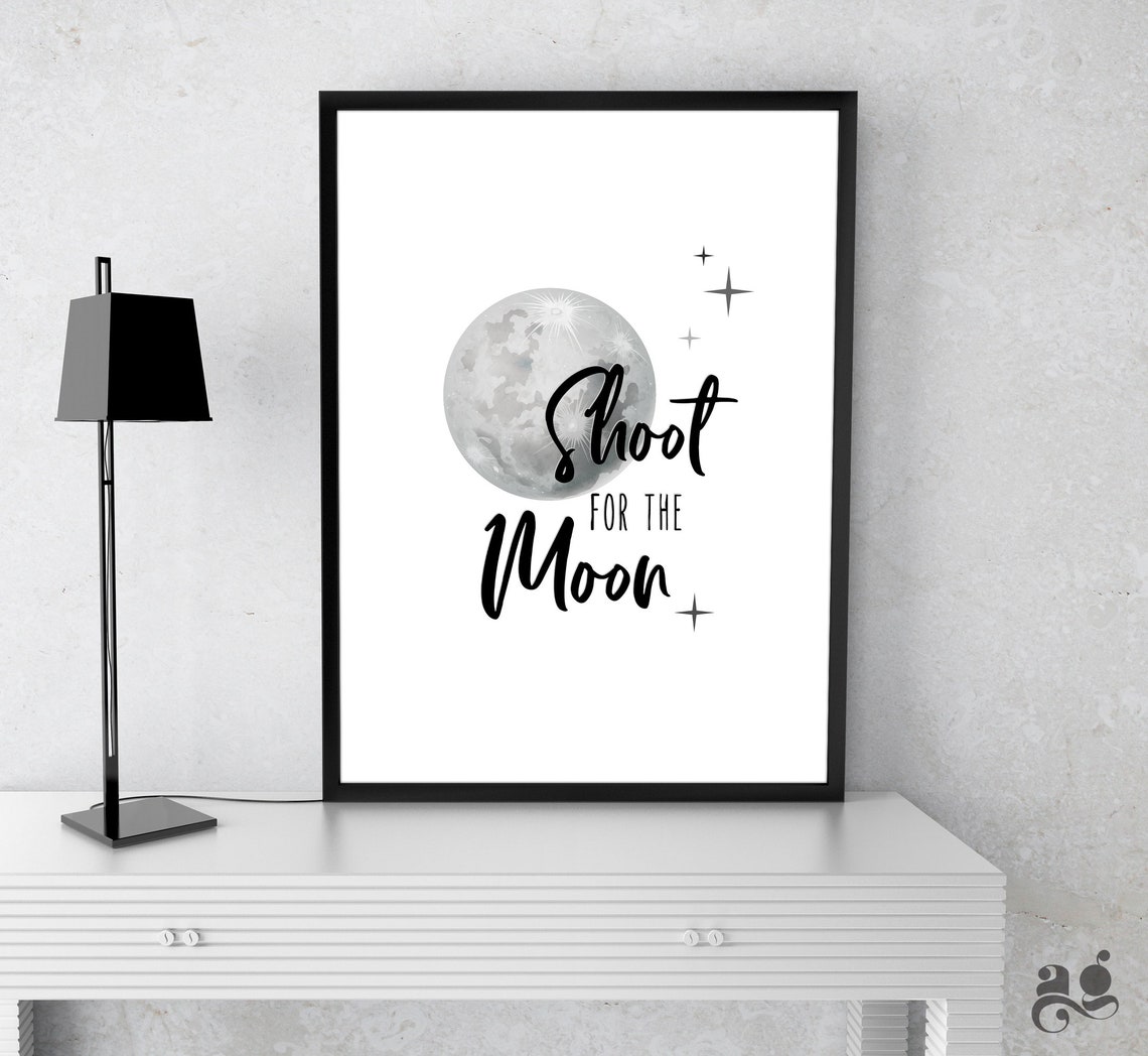 Shoot for the Moon Watercolor Moon Quote Nursery Star Decor Poster - Image 2