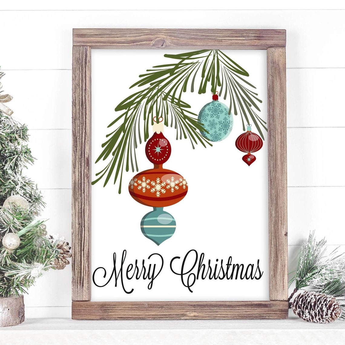 Merry Christmas Vintage Ornaments Hanging From Pine Branch Wall Art