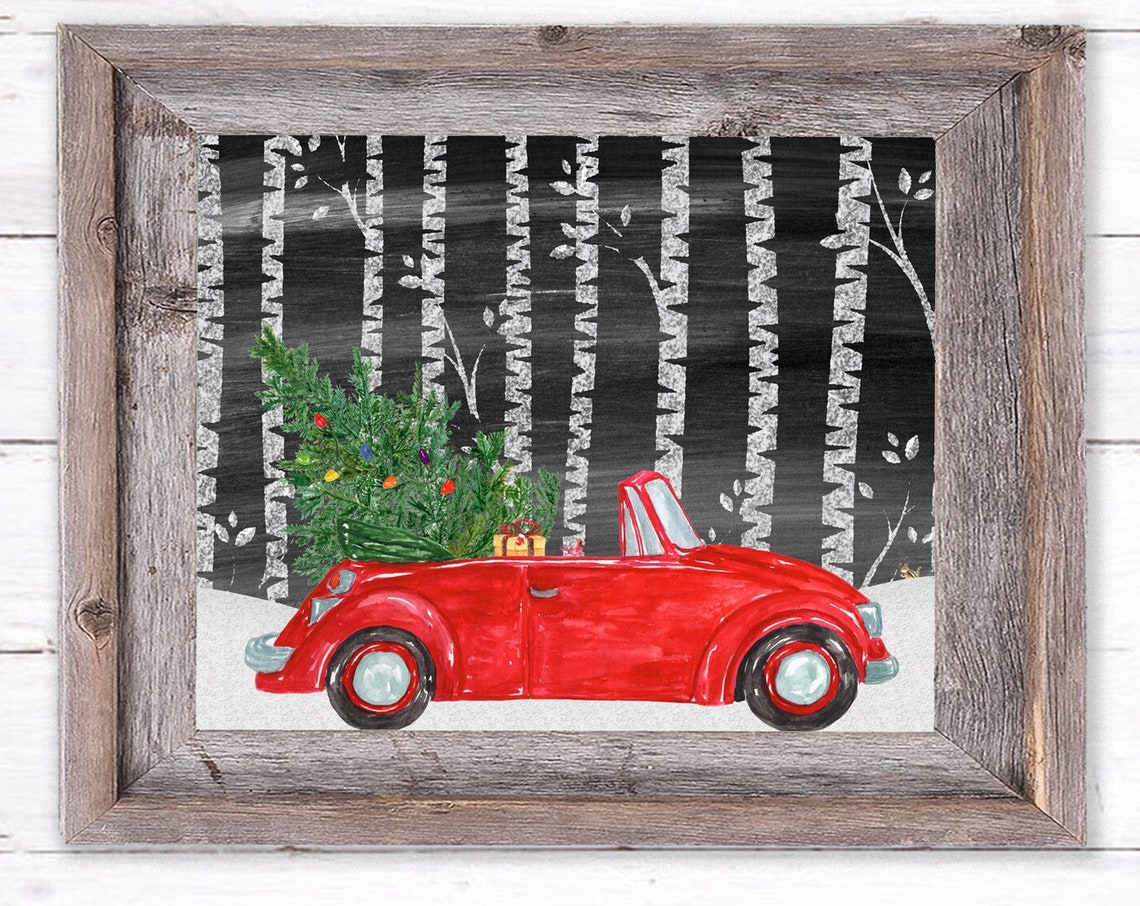 Red Vintage Convertible Christmas Tree Snowy Birch Forest Wall Art - Image 3