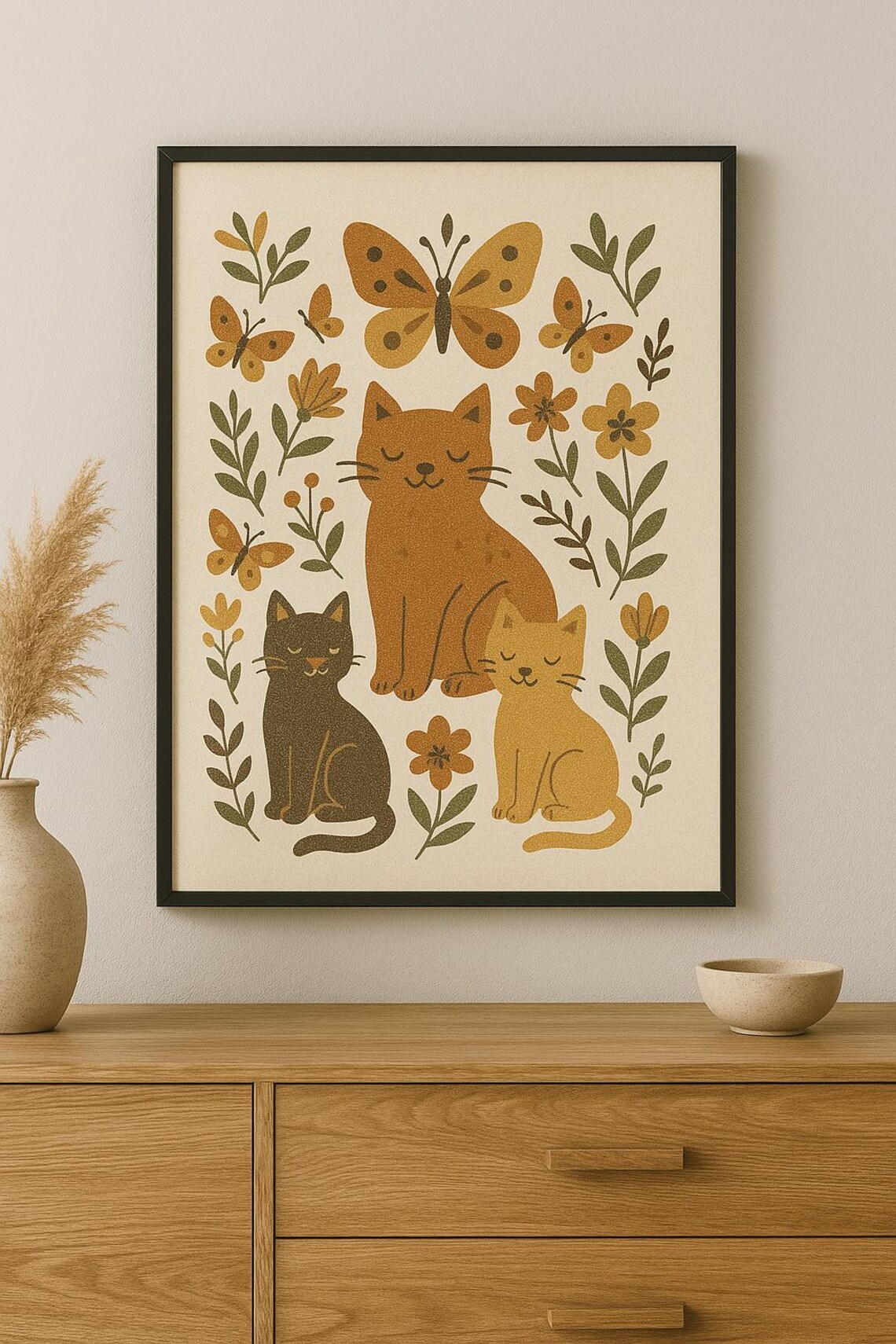 Folk Art Cat, Vintage Boho Botanical Poster - Image 2