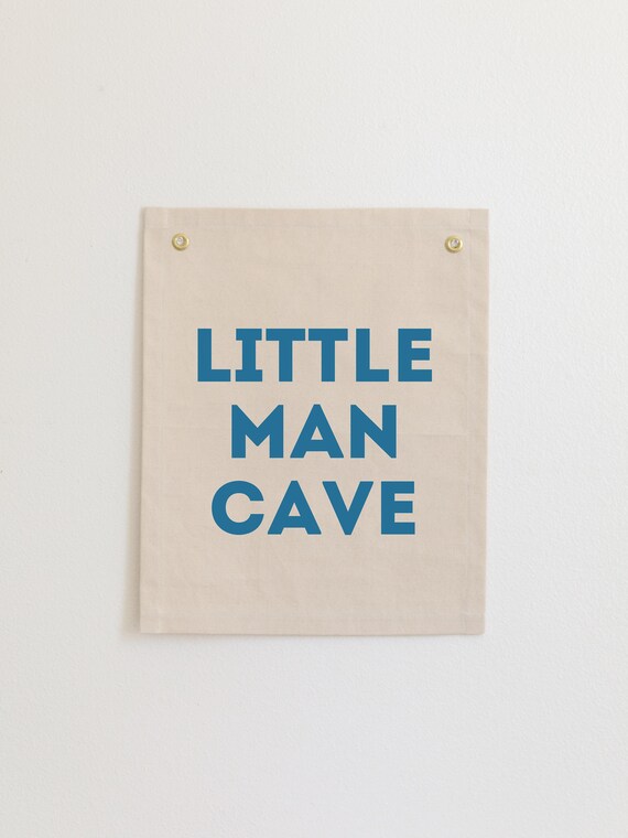 Little Man Cave Bold Blue Lettering Boys Room Canvas Flag Wall Art