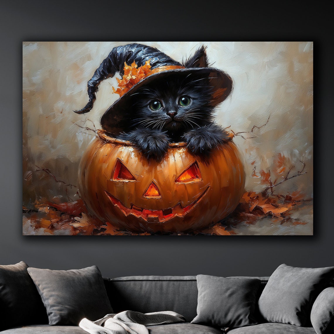 Black Kitten In Witch Hat Sitting On Pumpkin Halloween Poster