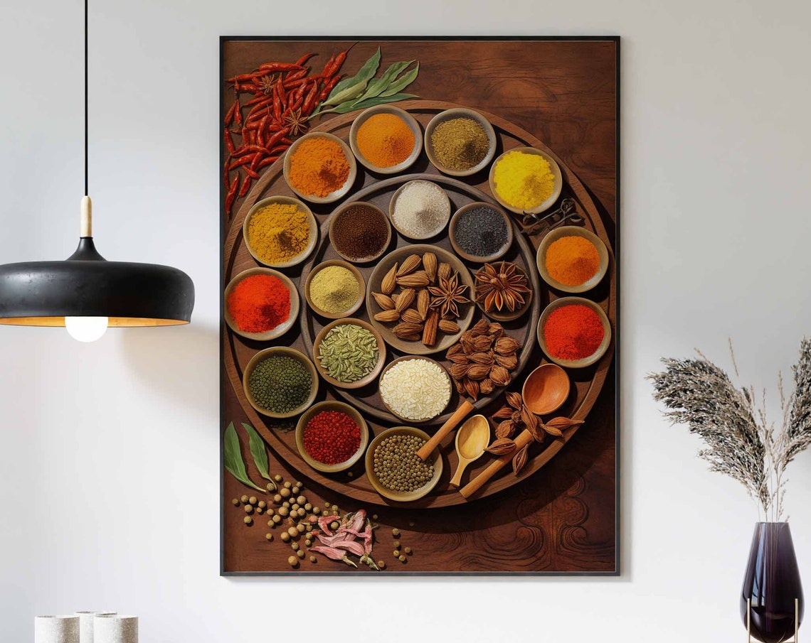 Round Overhead Spice Bowl Tray Wooden Table Kitchen Decor Poster