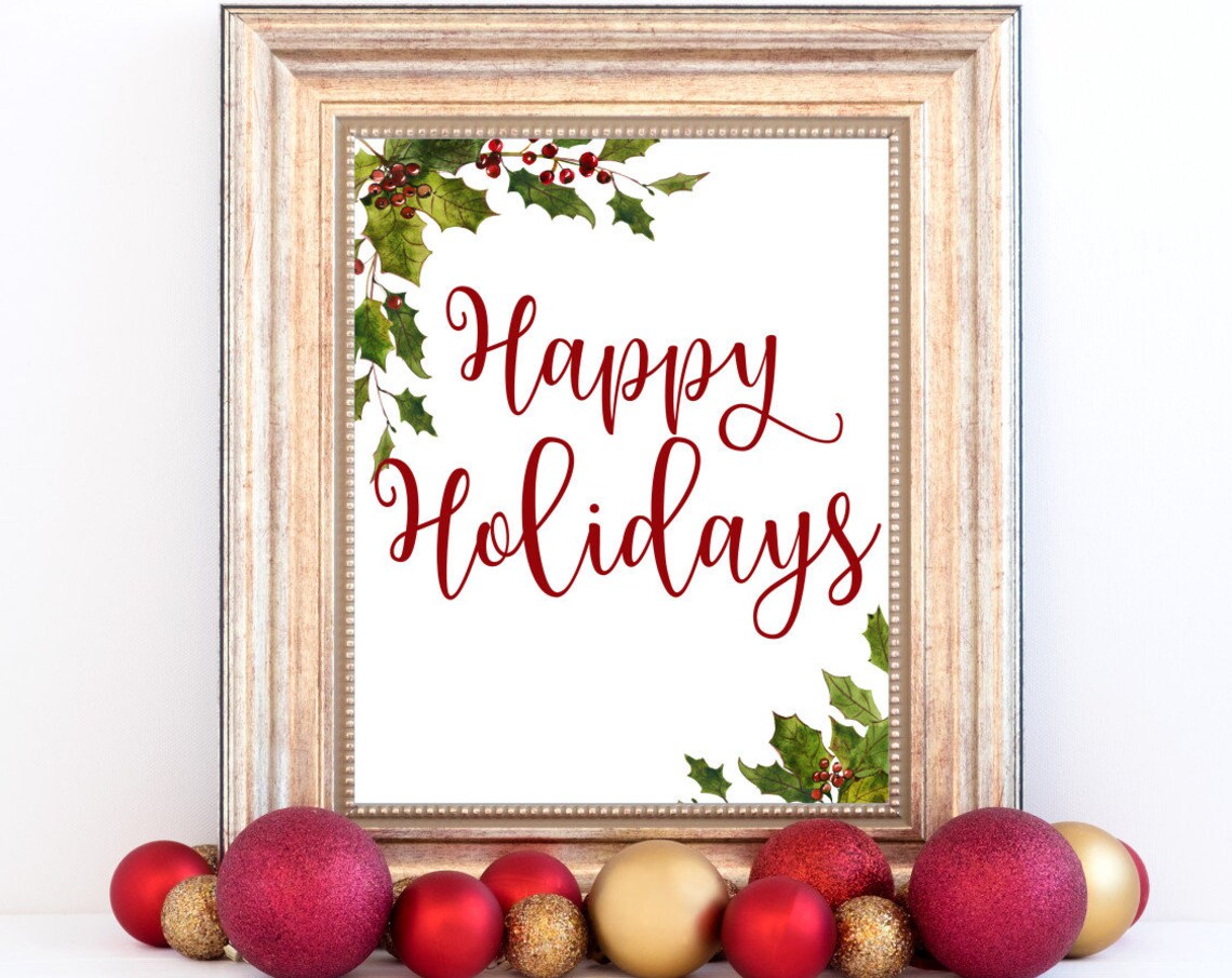 Happy Holidays Red Script Holly Berry Watercolor Christmas Poster