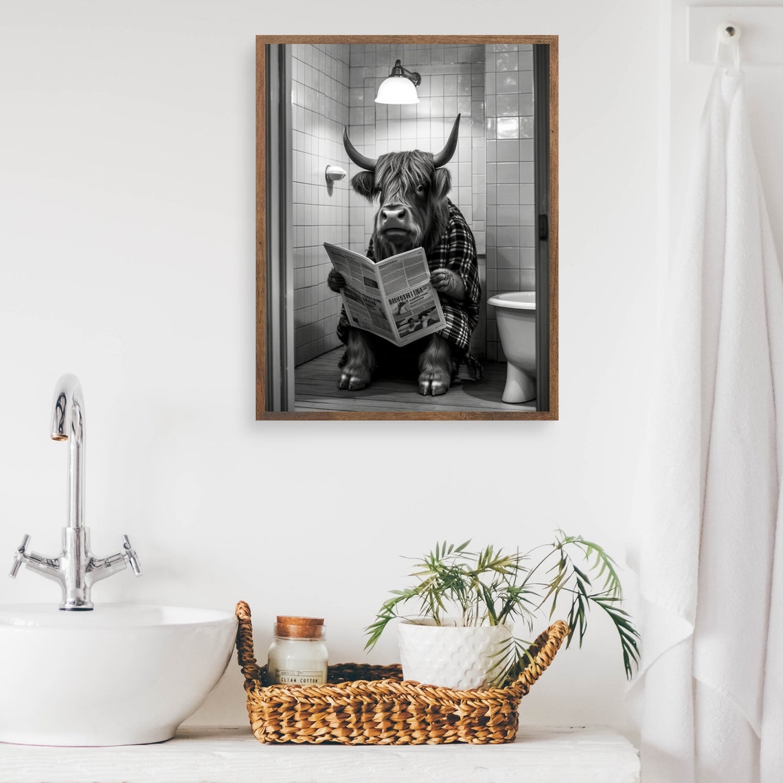 Highland Cow Reading a Newspaper on the Toilet Black and White Poster - Image 2
