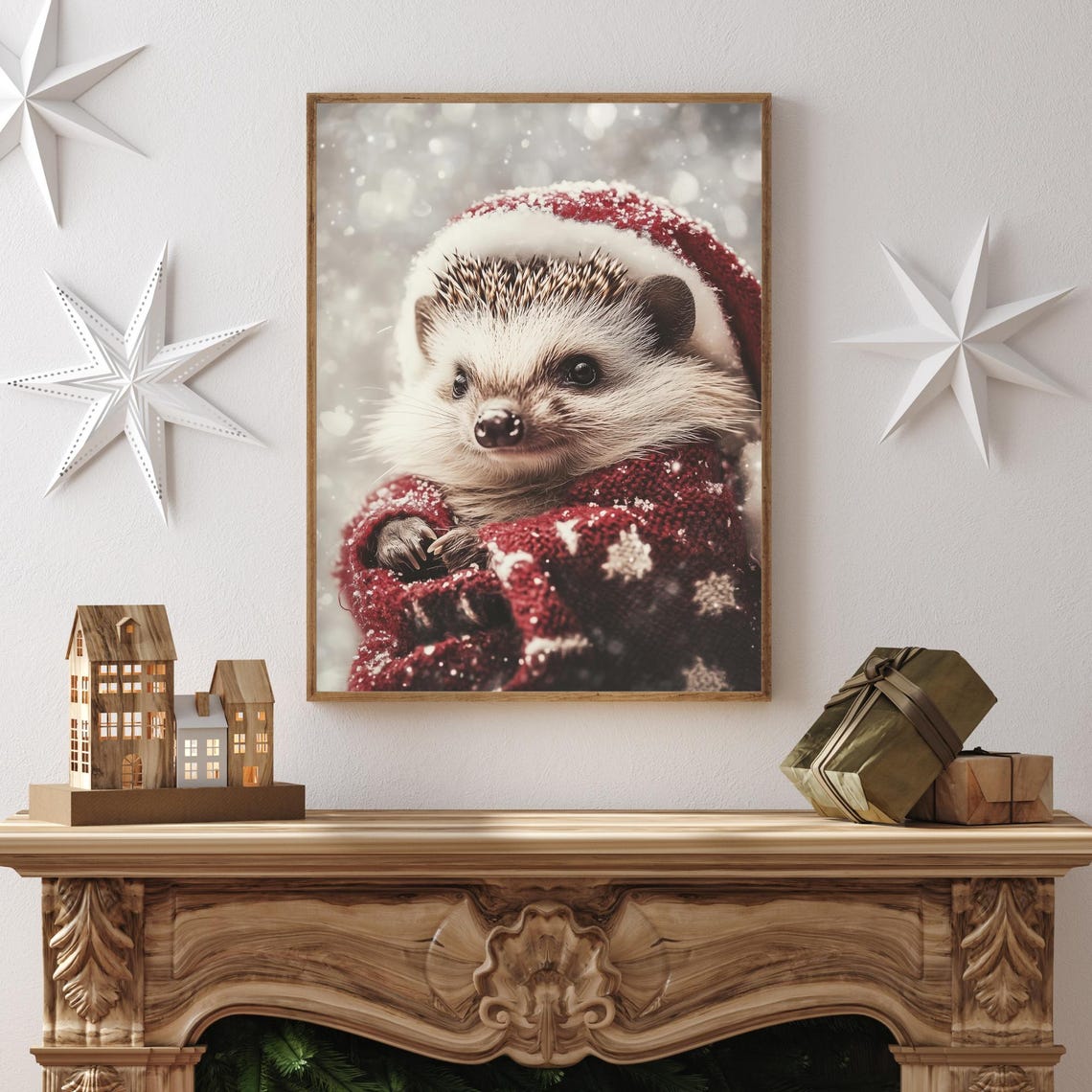Hedgehog Wearing a Santa Hat and Red Scarf in the Snow Cute Poster - Image 2