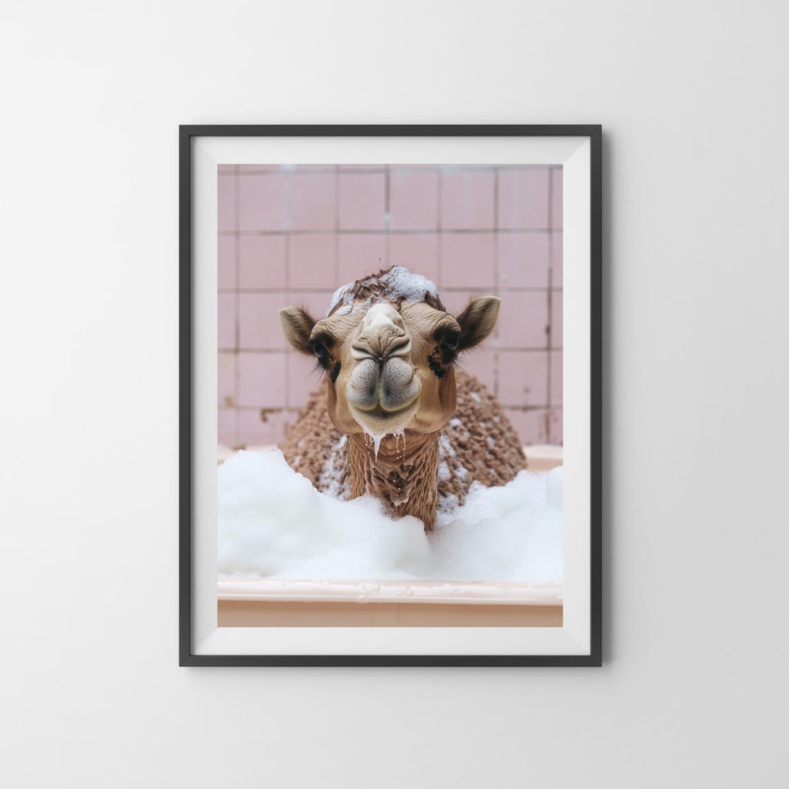 Camel in a Bubble Bath with Pink Tiles Funny Animal Bathroom Poster - Image 3