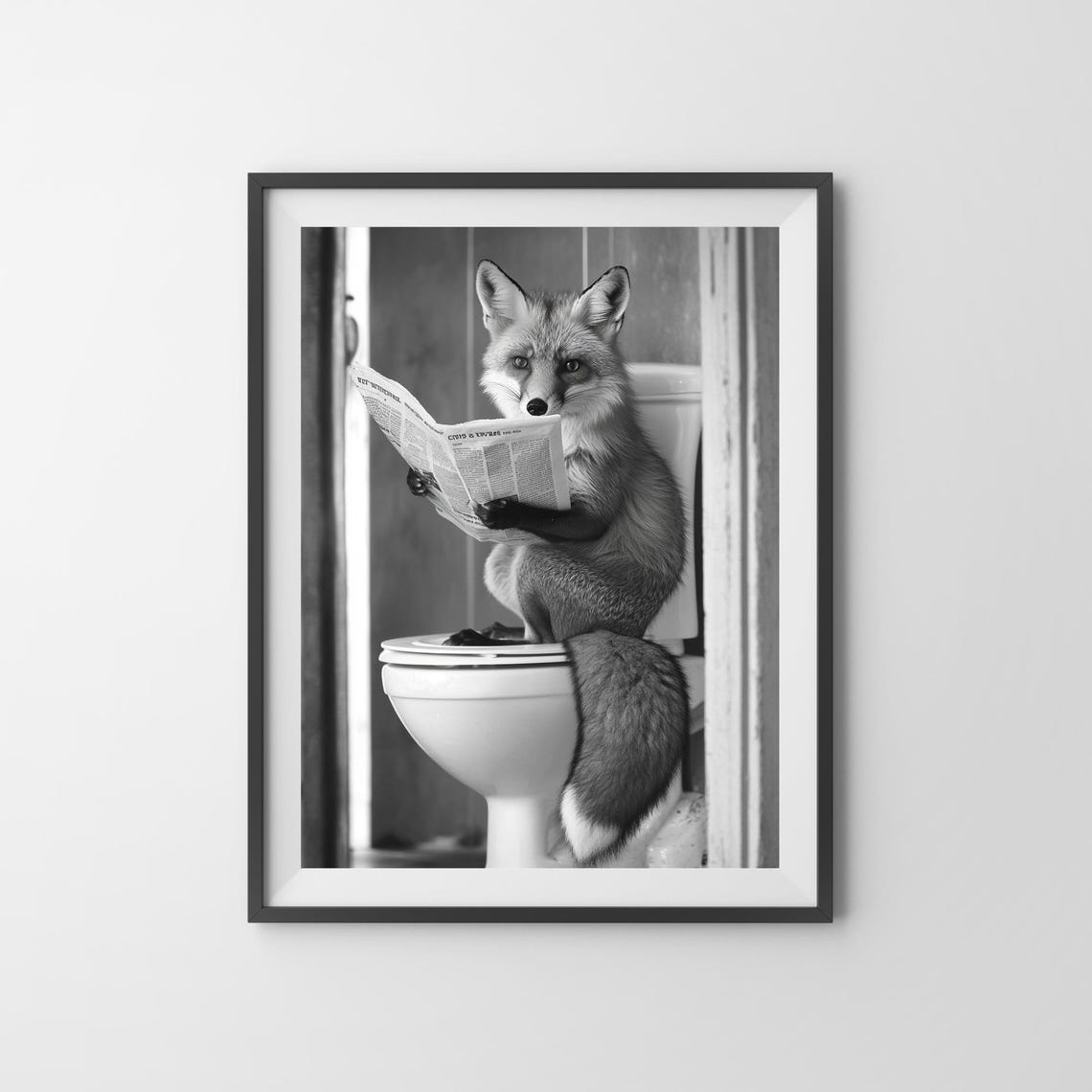 Fox Reading Newspaper On The Toilet Monochrome Bathroom Poster - Image 3