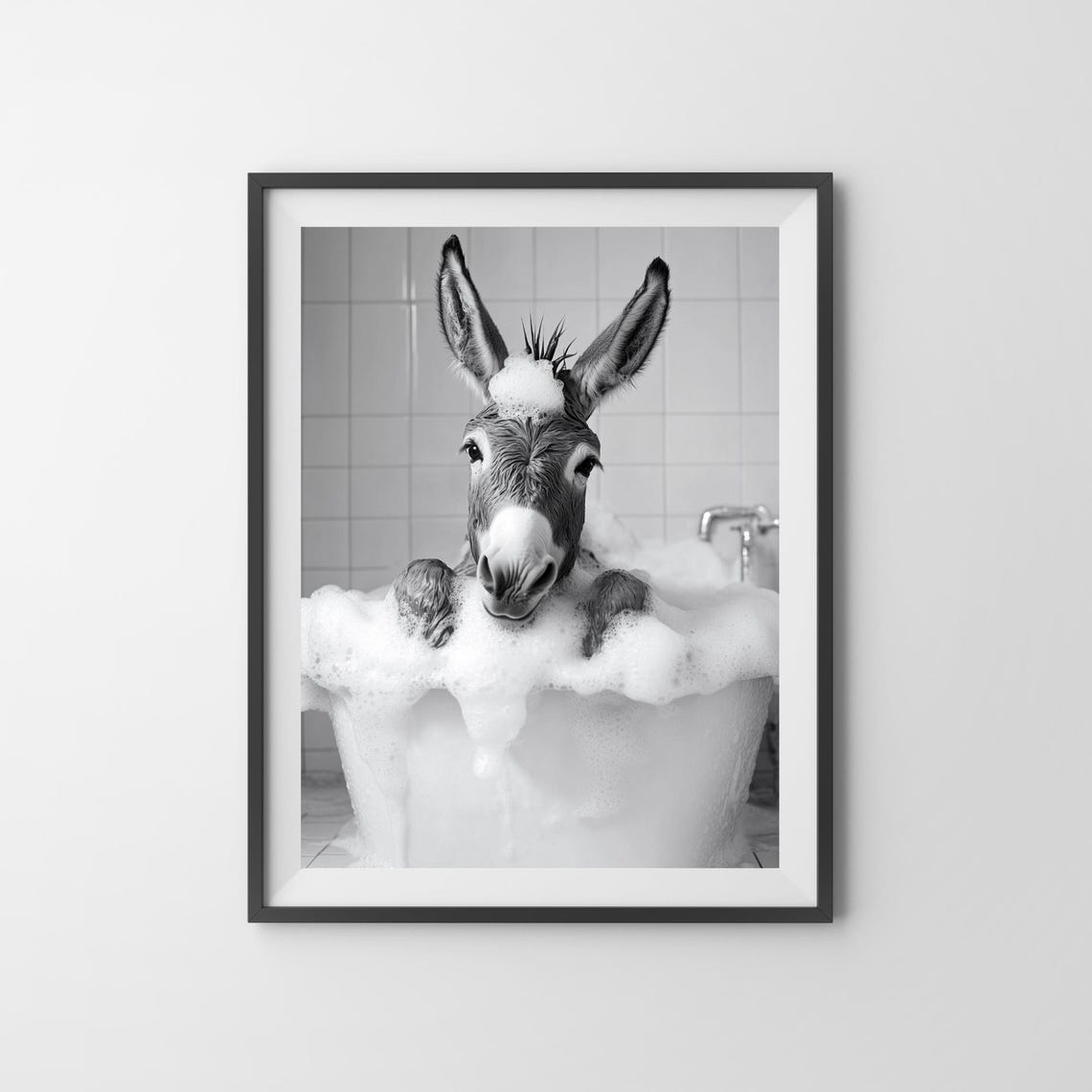 Baby Donkey Bubble Bath Cute Black And White Funny Animal Poster - Image 3