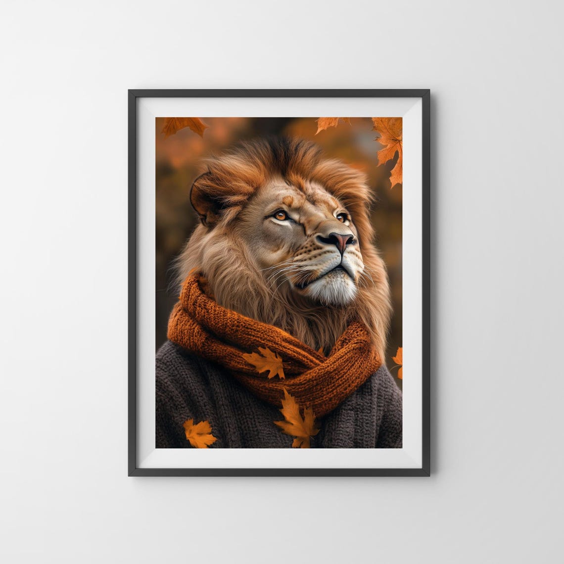 Lion in Knit Scarf Autumn Leaves Fall Wildlife Portrait Poster - Image 3