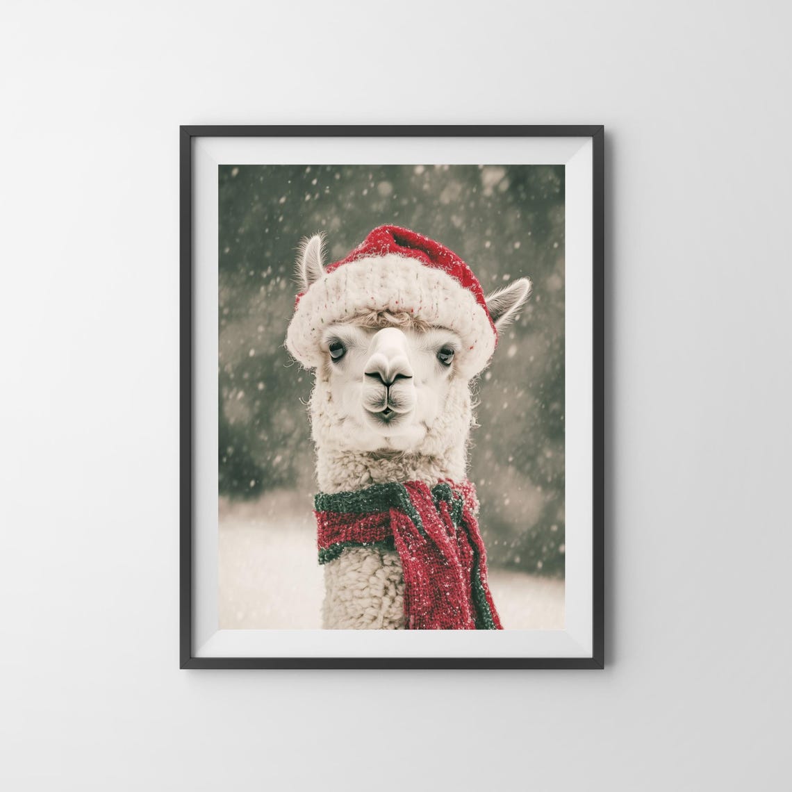Alpaca Wearing Santa Hat And Knit Scarf Snowy Christmas Poster - Image 3