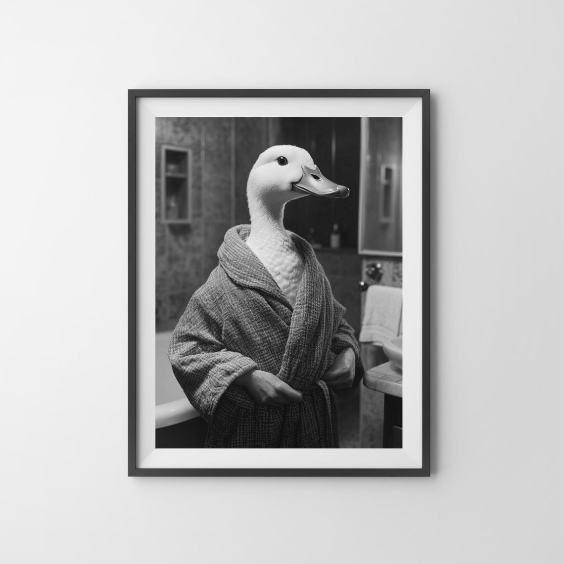 Duck In A Bathrobe Funny Black And White Bathroom Wall Poster - Image 3