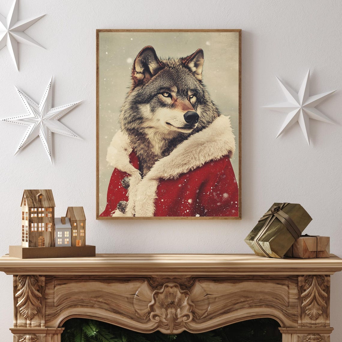 Wolf Wearing a Red Santa Coat With White Fur Trim in the Snow Poster - Image 2
