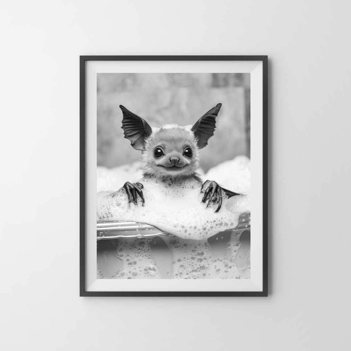Cute Baby Bat Bubble Bath Funny Black And White Animal Poster - Image 3