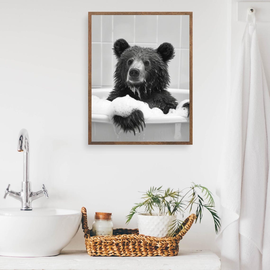 Black Bear Cub Enjoying a Bubble Bath Black and White Funny Poster - Image 2