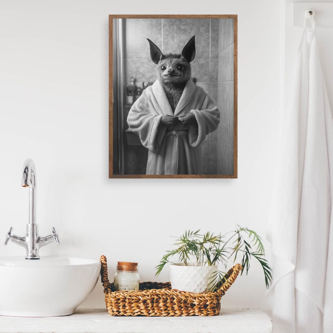 Bat Wearing a Bathrobe Standing in the Bathroom Black and White Poster - Image 2