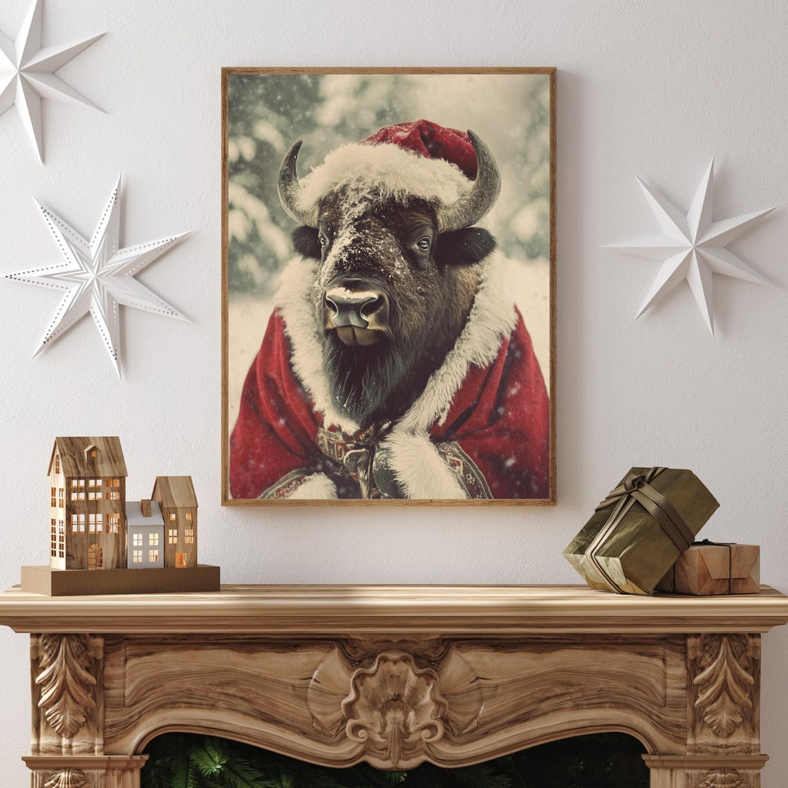 Bison Wearing Santa Hat And Red Coat Festive Christmas Poster - Image 2