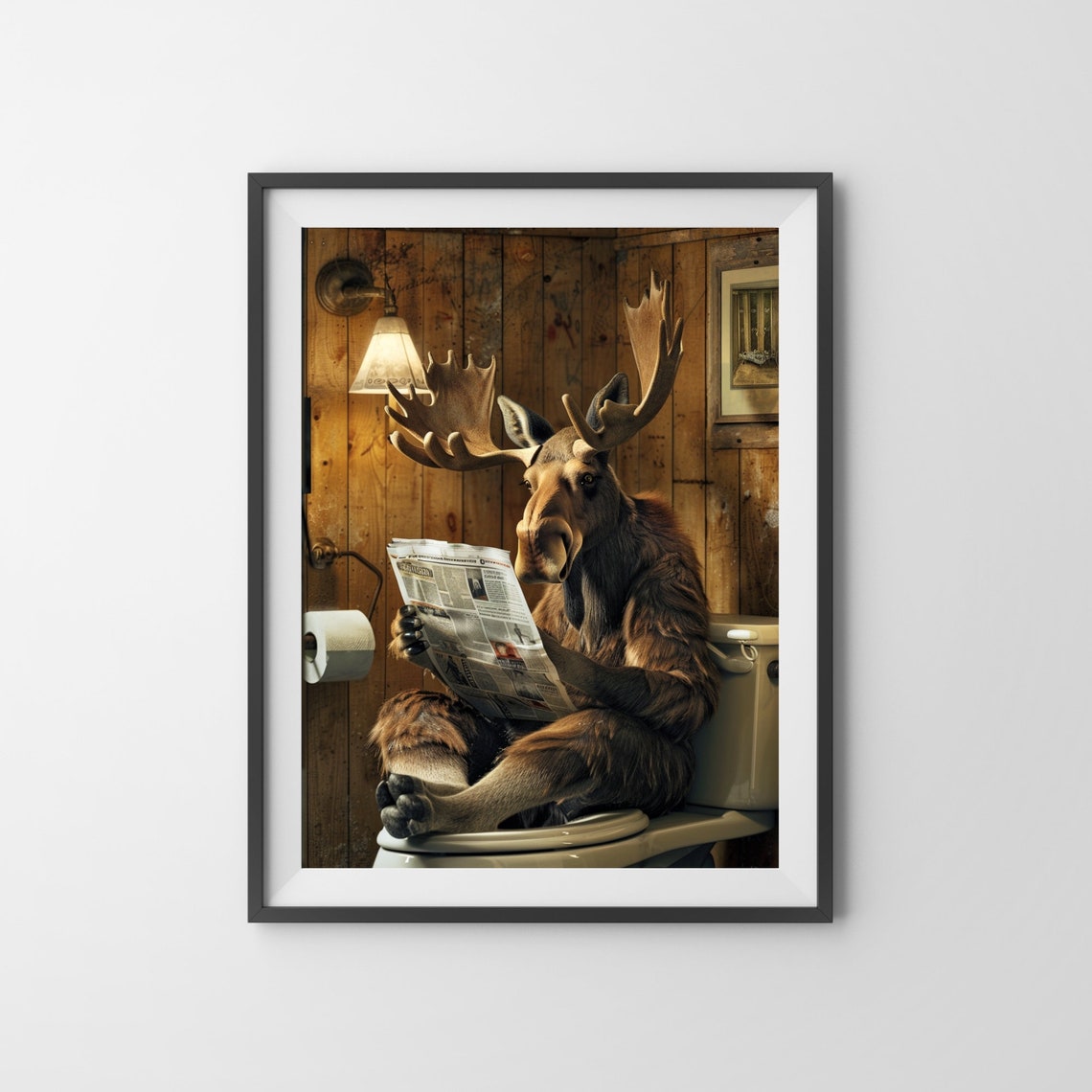 Moose Reading Newspaper On The Toilet Funny Bathroom Humor Poster - Image 3