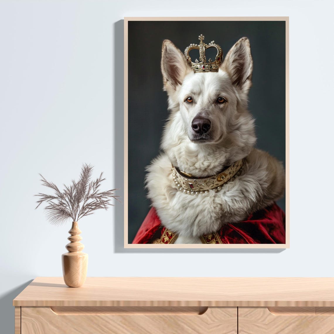 White German Shepherd King in a Red Robe and Crown Color Dog Poster - Image 2